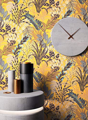 Newroom Vliestapete Gelb Dschungel Tapete Floral Tropisch Wohnzimmer | Palmen- und Blättermuster mit gepunkteten Details, Dschungeltapete Boho Exotisch, Mustertapete Schlafzimmer Büro