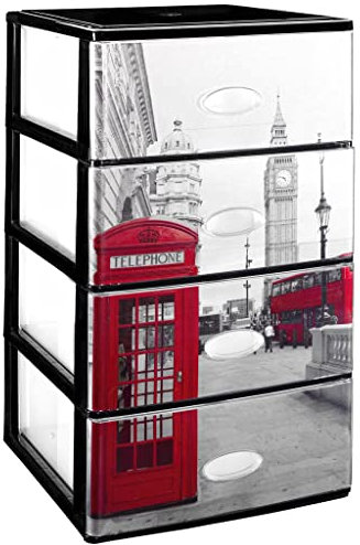 Cajonera Plástico 4 Cajones Negro Londres - Organizador Almacenamiento Ropa Dormitorio Escritorio - 37x38x63cm - Montaje Fácil - COM-FORT HOUSE