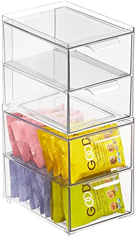 mDesign Schubladenbox – Stapelbox mit 2 Schubladen aus Kunststoff für Küchen- und Kühlschrank – Küchen Organizer für Snacks, Nudeln, Gemüse etc. – 2er-Set – durchsichtig