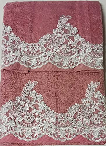 Corredocasa Coppia Asciugamani Bagno per Viso e Ospite in Soffice Spugna di Puro Cotone con Dettagli in Macramè, Realizzati con Manifattura Italiana di Alta Qualità Casa cm 60x110-40x60(Rosa Antico)