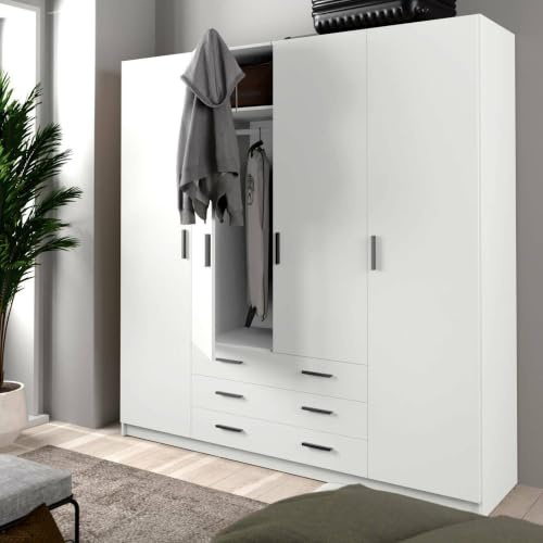 Dmora - Großer Kleiderschrank Frances, Schlafzimmermöbel, Schrank, Garderobe, 196x50 h200 cm, Weiß