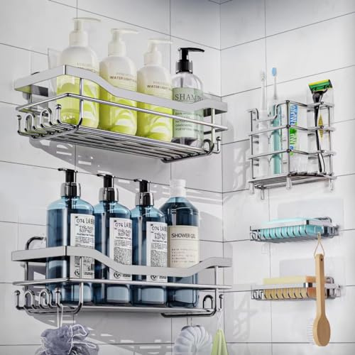 QQJOYCCI Duschablage ohne Bohren, 5 Stück Badezimmer Regal Selbstklebend Bad Lagerung Organizer, SUS304 Edelstahl Rostfreie Dusche Rack für Badezimmerorganizer/Duschorganizer/Küche