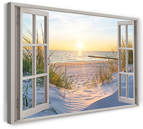 Printistico Bilder Fensterblick 120x80cm Baumwoll-Leinwand auf Keilrahmen mit Aufhänger moderner Kunstdruck XXL Wandbilder Wand-Dekoration Strand Meer Sand Sonnenuntergang Urlaub - Natur-Fotografie