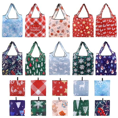 Amosfun Wiederverwendbare Einkaufstaschen, faltbar, für Weihnachten, Einkaufstaschen, Geschenktüten, groß, 22,7 kg, mehrfarbig, Ripstop, kompakte Taschen für Lebensmittel, maschinenwaschbar für