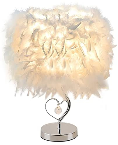 GUANSHAN Feder-Nachttischlampe Nachttisch-Lampenschirm Moderne Feder-Tischleuchte Schreibtisch-Lampenschirm mit Kristall im Herzen & mentaler Basis für Wohnzimmer, Schlafzimmer, L