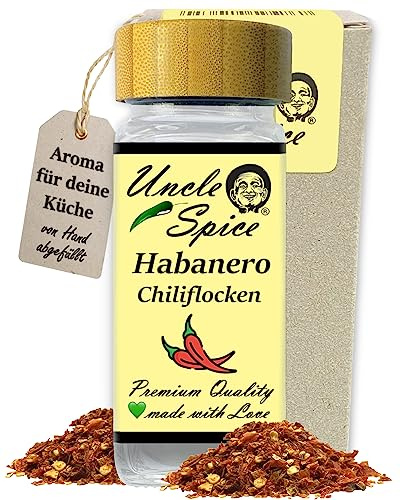 UNCLE SPICE® Habanero Chiliflocken - 35g Habanero-Chili echte RED SAVINA Chilischoten geschrotet im Gewürzglas - Habanero Chiliflocken im Streuer, Chili-Gewürzflocken - Achtung SCHARF