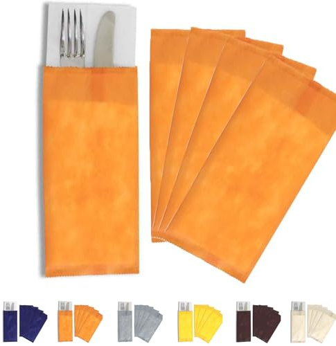 Virsus 100 Buste Portaposate in TNT Tessuto non Tessuto, misura 11x25 cm, con tovagliolo Doppio Velo 38x38 cm, Porta Posate Monouso per ristorante (Arancione)