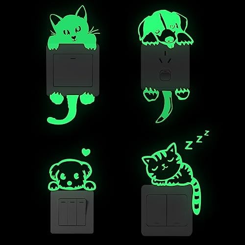 Leuchtaufkleber Wandschalter Aufkleber Lichtschalter Leuchtend 4 Stk | WUDQIJI Katze Hund Lichtschalter Aufkleber Leuchtsticker Für Lichtschalter Vinyl Aufkleber für Steckdose Lichtschalter Wand