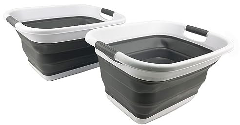 SAMMART 25L zusammenklappbarer Wäschekorb/Wäschewanne–faltbarer Aufbewahrungsbehälter/Organizer–tragbarer Wäschebehälter – platzsparender Wäschekorb (Weiß/Stahlgrau (2er-Set))