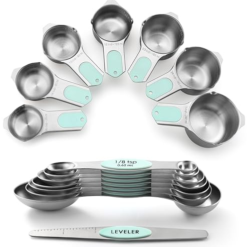 Spring Chef Magnetic Measuring Cups & Spoons Set, Patented, Strong N45 Magnets, Heavy Duty Stainless Steel Fits in Spice Jars for Baking & Cooking, BPA Free, Round Set of 15 with Leveler, Mint
