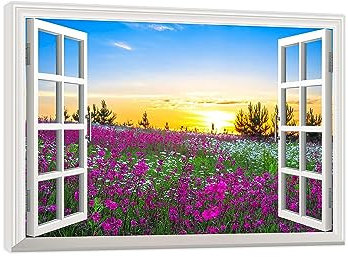 Leinwandbild mit offenem Fenster, schöner Sommer-Sonnenaufgang, Fensterlandschaft, Gemälde, Naturdruck auf Leinwand, Kunstdruck, Fensterblick, Landschaft, Kunstwerk für Wanddekoration, 50 x 75 cm