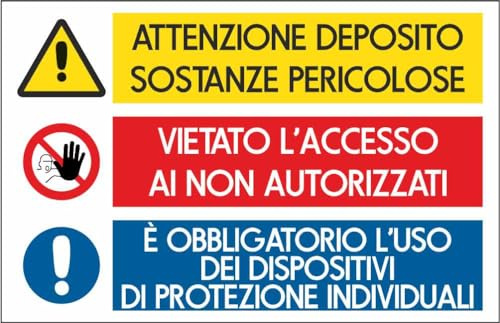 M-ITALY CARTELLO SEGNALETICO - ATTENZIONE DEPOSITO SOSTANZE PERICOLOSE - Adesivo Extra Resistente, Pannello in Forex, Pannello In Alluminio (20x31, Alluminio)