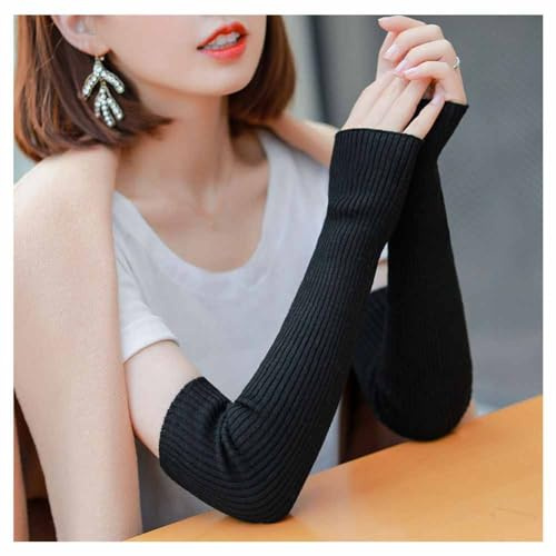 SHTGOI Lange Wolle Fingerlose Handschuhe Baumwolle Strick Armstulpen Winter Warme Handwärmer Stulpen Weiche Dehnbare Pulswärmer Unisex Armstulpen Winterhandschuhe für Damen und Frauen Schwarz