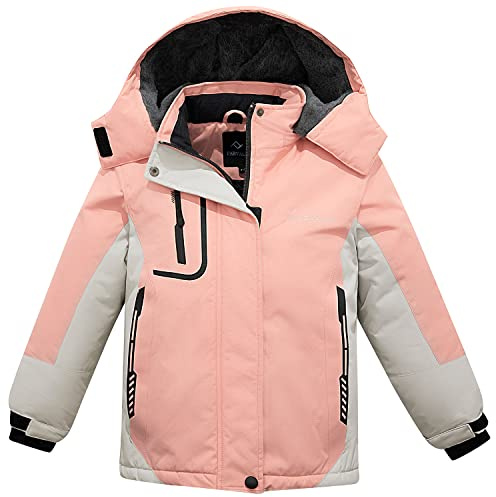 FARVALUE Girls Waterproof Ski Jacket Windproof Winter Coat Warm Snow Coat Outdoor Raincoats with Removable Hood Pink 10-12
