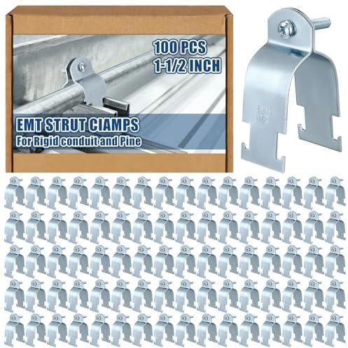 Landhoow 100 Pcs EMT Pipe Universal Strut Clamps Strut Channel Accessory Electro Galvanized Conduit Clamp with Bolt and Nut, Rigid Pipe Clamp, Clamp Tool (1-1/2 Inch)