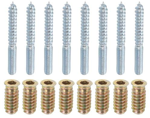 uxcell M6x60mm Hanger Bolts, 8pcs 31mm Wood Dowel Screw Self-Tapping Screw with 8pcs M6x24mm Threaded Insert Nuts Interface Hex Socket Drive, for Joint Furniture Legs