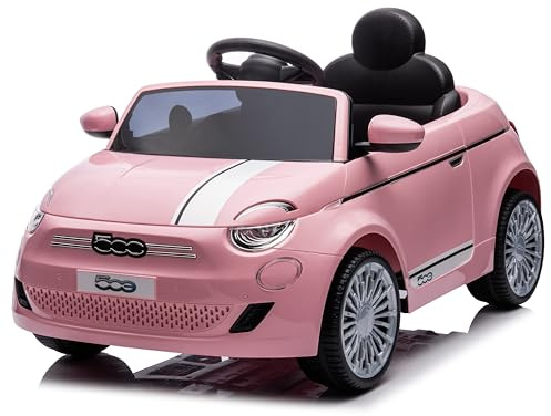 Auto elettrica per bambini Fiat 500 di 3 anni, potenza motore 2x30W, volante con suono, cinture di sicurezza (Rosa)
