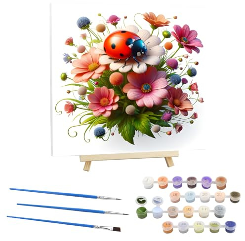 EOBROMD måla efter siffror vuxna nyckelpiga, måla efter siffror vuxna med veckfri duk & ram, gör-det-själv blomma handmålad oljemålning kit för nybörjare som en gåva 30 x 30 cm