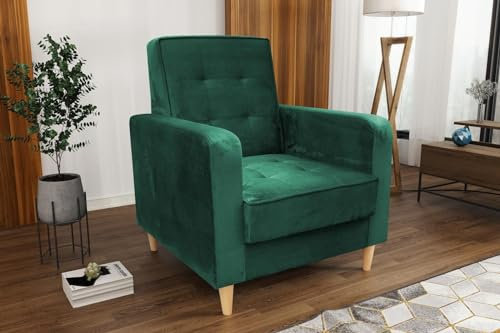BEAUTY SOFA Bamako Sessel - Relaxsessel mit Armlehnen und Holzbeinen - Fernsehsessel - Polstersessel - für Wohnzimmer, Schlafzimmer - Sessel Wohnzimmer - Samt Flasches grün (Kronos 19)