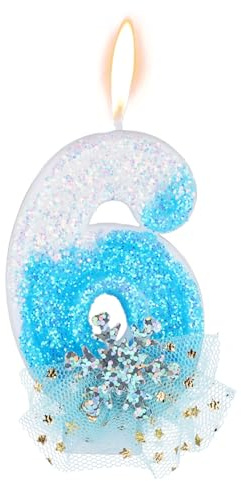 Birthday Number Candle, Shiny Ice and Snow Themed Number Birthday Cake Candles Winter Style Birthday Candles Party Birthday Celebration Decoration Supplies(Number 6)