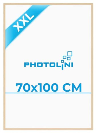 PHOTOLINI Bilderrahmen 70x100 Natur, großer Bilderrahmen 70x100 Holz MDF, Poster Rahmen 100x70 XXL mit bruchsicherem Acrylglas zum Aufhängen & Zubehör - Picture Frame für Poster, Fotos & Puzzle