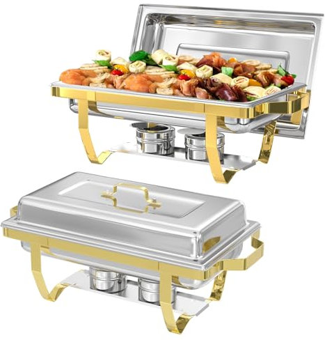 IMACONE Chafing Dish Buffet Sets of 2, 8QT Stainless Steel Rectangular Chafers and Buffet Warmer Sets for Catering, with Food & Water Pan, Lid, Gold Foldable Frame, Fuel Holder for Event Party Holiday