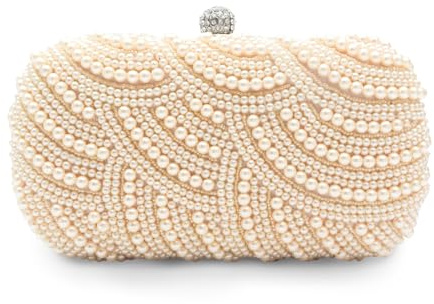 CORIOS Damen Perlen Abendtasche Luxus Strass Clutch Tasche Hochzeit Brautbörse Diamant Portemonnaie Tasche Kette Schultertasche Elegante Handtasche Abendparty Geldbörse Umhängetasche Beige