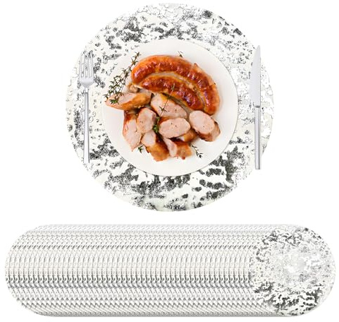 Mtsooning 50 Stück Einweg-Tischsets, 33 cm Durchmesser, rund, gepresste Tischdeckchen für Hochzeit, Geburtstag, Party, Weihnachten, Serviettentisch (Silber)