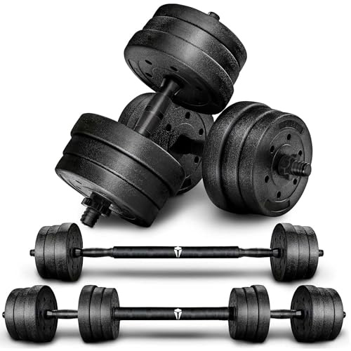 Adjustable weights set for men and women—10kg, 20kg, 30kg. 2-in-1 dumbbells and barbell for strength training, weight lifting, bodybuilding, and effective full-body home workouts.