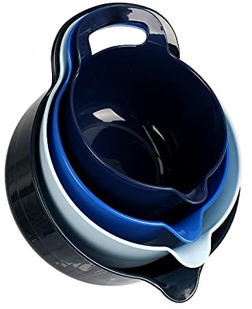 BoxedHome Lot de 4 bols mélangeurs en plastique bleu - Antidérapants - Avec poignée - Empilables - Pour la cuisine - Réutilisables