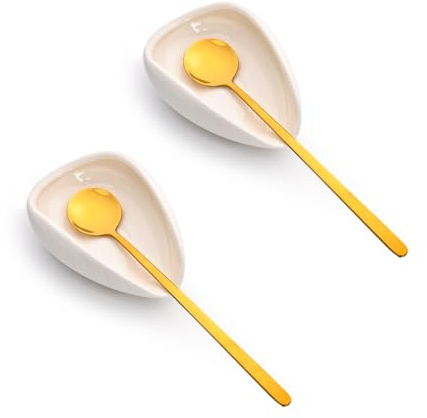 Koythin Juego de 2 cucharas de cerámica, soporte para cucharas de café con cucharadita, decoración minimalista de cocina para agitador, accesorios de mini barra de café con cucharas doradas para té de