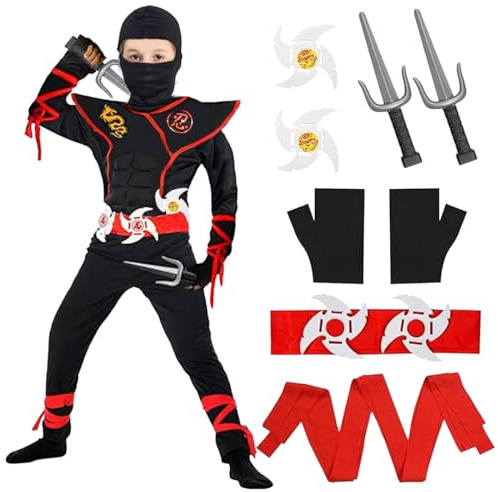 LGZIN Déguisement Ninja pour Enfants, Costume Ninja Garcon, Soldat Ninjas Déguisements avec Accessoires, Costume de Ninja d'Halloween, Garçons Ninja Cosplay Ensemble pour Carnaval Halloween (L)