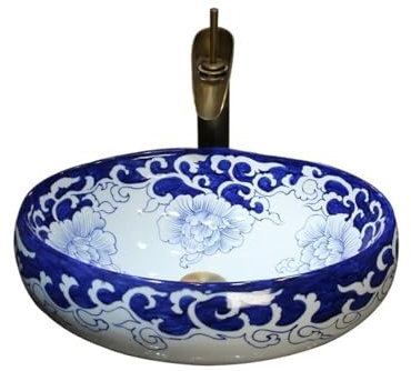 ZENGXJYCQINGJIANG Bathroom Vessels Celadon Countertop Basin Hand-painted Bathroom Sink Washbasin Household Bathroom Retro Washbasin with Accessories Bathroom Washbasin