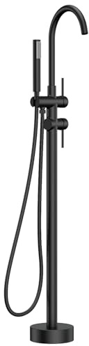 FORIOUS Free Standing Tub Faucet, Tub Filler Freestanding Bathtub Filler Floor Mount Brass Bath Shower Faucets Standing with High Flow Swivel Spout and Handheld Shower Mixer Taps, Matte Black