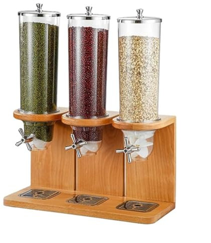Dry Food Dispenser, 4L/8L/12L Cereal Dispenser Countertop Cereal Containers Storage Dispenser with PC Barrel and Wood Base for Rice, Candy, Bean, Nuts, Triple