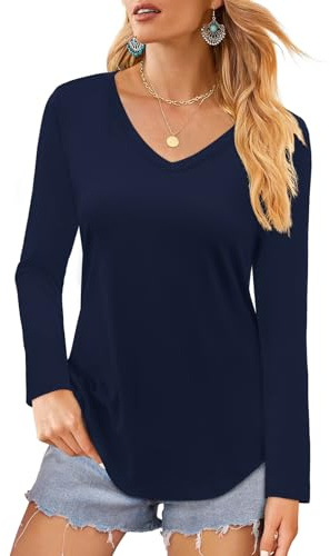 Elesomo T Shirts for Women V Neck Tops Ladies Cotton Tshirts Long Sleeve Tees, Navy Blue M