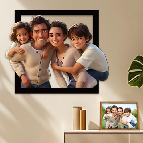 FCLYDER Personalisierte 3D Cartoon Porträt Holzschild - Individuelle 3D Cartoon Stil Foto - Benutzerdefinierte Familie Foto - Hölzernes Fotorahmen - Geschenke für Familie, Paar Dekoration