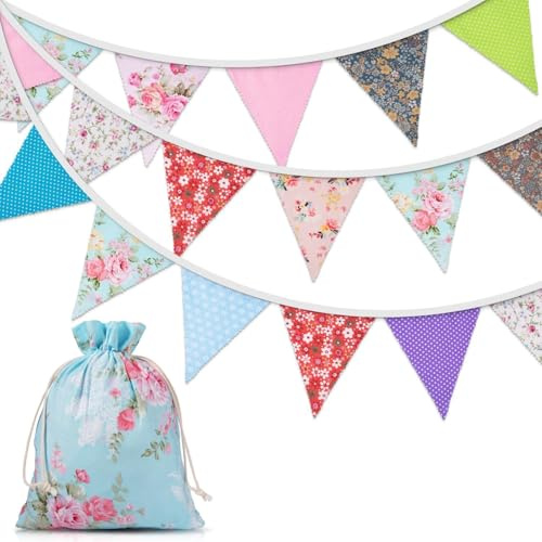 Orifinter Floral Bunting, 24PCS Fabric Bunting, Reusable Vintage Banner Flags for Afternoon Tea, Garden Party, Birthday, Festival, Ve Day, Spring Decorations