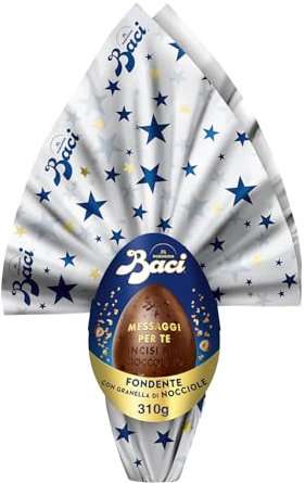 BACI PERUGINA Uovo di Pasqua 2025 Cioccolato Fondente Messaggi Incisi con granella Nocciole e 4 Cioccolatini 310g