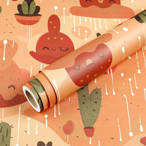 Livelynine Self Adhesive Wallpaper Green Orange Red Pattern 44.5CMx7M Kids Wallpaper for Bedroom Boys Girls Unisex Removable Stick on Wall Paper Succulent Plant Cactus Contact Paper for Funiture