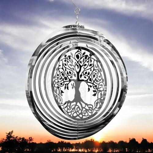 Tree of Life Stainless Steel Hanging Wind Spinner – 34cm x 25cm | 3D Metal Kinetic Garden Ornament & Outdoor Wind Sculpture