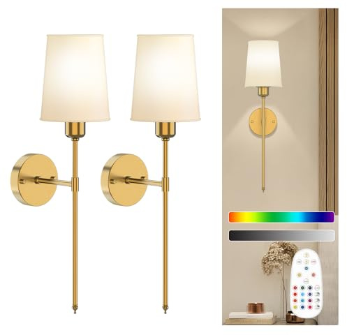 onffo Battery Operated Wall Sconce, Gold Rechargeable Wall Lights with 5200mAh Dimmable Bulbs and Remote, 12 Colors Wireless Wall Lamps for Bedroom Living Room Hallway Decor (24inch)