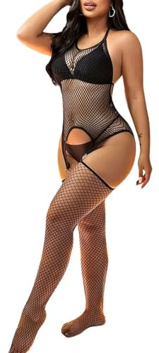 Rayson Damunderkläder Spets Fishnet Bodystocking Nattlinnen Transparent Ärmlös V-ringad Djup Underkläder Halter Hollow Sleepwear One Piece, Svart, one size