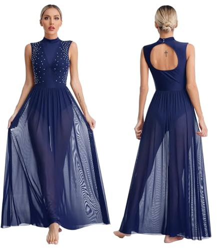 Body da balletto Vestito Da Danza Lirica Da Donna, Con Scollo A Lupetto, Schiena Scoperta, Torsione Frontale, Sovrapposizione In Rete Trasparente, Body Da Ginnastica, Abiti Lunghi(Deep blue,M)