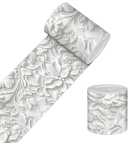 HOMETITUTE Wallpaper Border Peel and Stick Decorative Wall Trim Self Adhesive Embossed Floral Accent Strip for Ceiling Edge Door Frame Living Room Mirror Border 4x196 Inch White Stone Textured Design