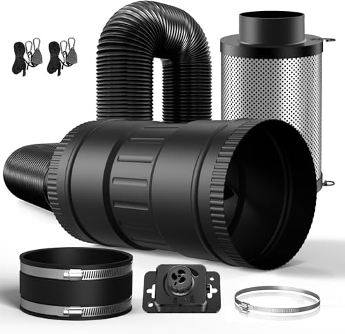 Brogachy 100mm Abluftset,Lüftungsset, Inline Rohrventilator mit Drehzahlsteller Aktivkohlenfilter Abluftchlauch und Klemmen Gummimuffe, Belüftungssystem für Growzelt Gewächshaus.