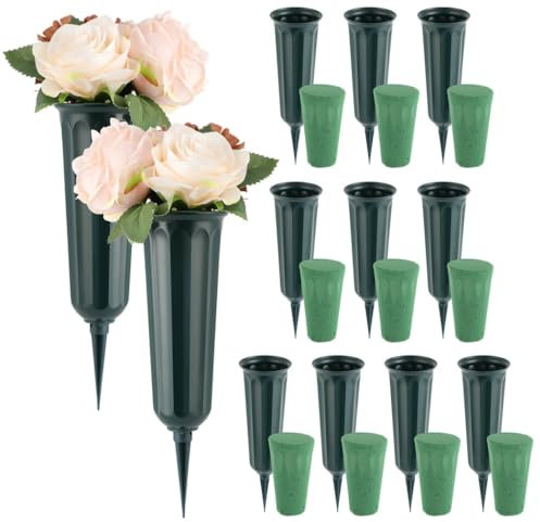 yeeplant Lot de 12 vases funéraires avec piques et mousse florale, supports de fleurs de cimetière en plastique, piquets commémoratifs pour arrangements funéraires en plein air