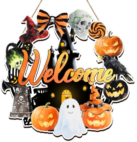 Halloween-Türschild, Halloween-Kränze, Dekorationszubehör für die Haustür, Heimdekoration im Landhausstil, Geisterkranz-Dekorationszubehör, Halloween Willkommen Tür hängende Schilder