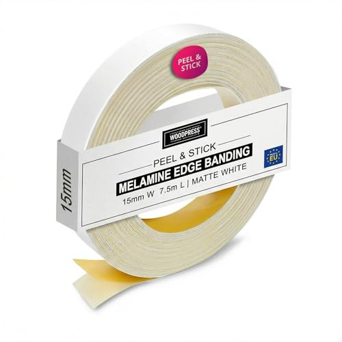 WoodPress® 15mm Matt White Peel & Stick Edging Tape - 7.5m Self-Adhesive Melamine Trim - Veneer Strip w/Sticky Backing - Easy DIY Fix (No Iron On) Edge Banding for Repair to Worktop, Shelf, Cabinet