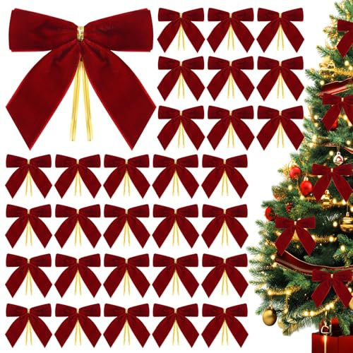 MOTONG 30 Pcs Christmas Velvet Bows for Christmas Tree Velvet Ribbon Bow Vintage Ornaments for Christmas inch for Wreath, Gift Wrapping, Garlands, Wedding, Party, Home Decor (3.5 * 3.5 inch,Burgundy)